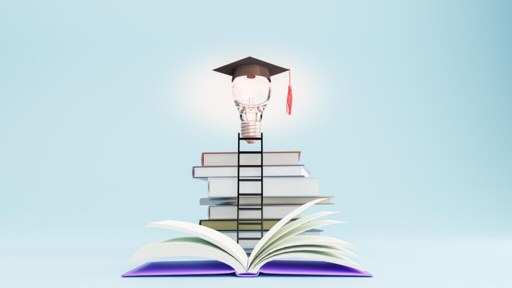 open book with graduation hat light bulb education learning school university idea concept 3d illustration